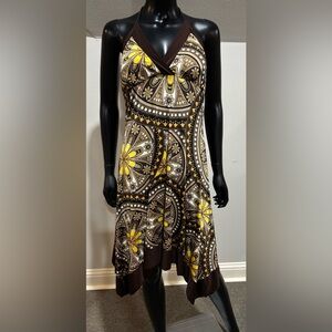 M.K.M. MKM Designs mod halter jersey dress brown paisley handkerchief hem M